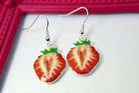 Silver Red Strawberry Earrings,  Strawberry Charm Earrings, Strawberry Jewelry, Fruit Jewelry, Dangle Earrings, ST001