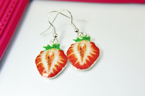 Silver Red Strawberry Earrings,  Strawberry Charm Earrings, Strawberry Jewelry, Fruit Jewelry, Dangle Earrings, ST001