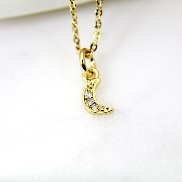 Gold Moon Necklace, Crescent Moon Charm, Half Moon Jewelry, CZ Diamond Jewelry, Dainty Necklace, Personalized Gift, G190