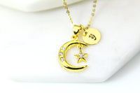 Gold Moon Star Necklace, CZ Diamond Jewelry, Dainty Necklace, Delicate Jewelry, Minimal Necklace, Personalized Gift, G191