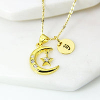 Gold Moon Star Necklace, CZ Diamond Jewelry, Dainty Necklace, Delicate Jewelry, Minimal Necklace, Personalized Gift, G191