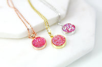 Pink Druzy Necklace, Dainty Delicate Necklace, S030