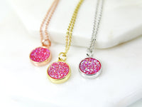 Pink Druzy Necklace, Dainty Delicate Necklace, S030