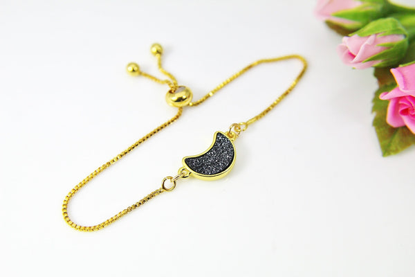 Gold Crescent Moon Bracelet, Black Crescent Moon Pendant, Crescent Jewelry, Bridesmaid Gift, Dainty Delicate Bracelet, G219
