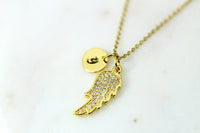 Gold Guardian Angel Necklace, Angel Wing Charm, Dainty Necklace, Personalized Gift, G240