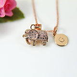 Rose Gold Elephant Charm Necklace, Luck Gift, Personalized Customized Monogram Initial Necklace, N2731