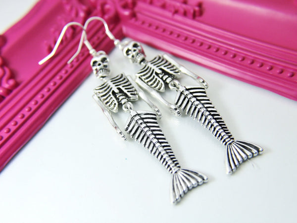 Silver Mermaid Skull Charm Earrings Halloween Gift Ideas, BN2702