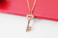Rose Gold Heart Key Necklace, Rose Gold Key Necklace, Rose Gold Heart Necklace, CZ Diamond Jewelry, Dainty Delicate Necklace, RG049
