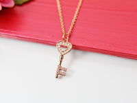 Rose Gold Heart Key Necklace, Rose Gold Key Necklace, Rose Gold Heart Necklace, CZ Diamond Jewelry, Dainty Delicate Necklace, RG049