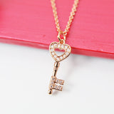 Rose Gold Heart Key Necklace, Rose Gold Key Necklace, Rose Gold Heart Necklace, CZ Diamond Jewelry, Dainty Delicate Necklace, RG049