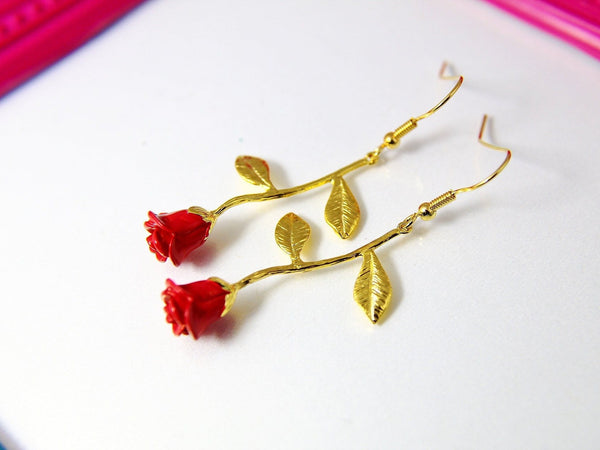 Gold Red Rose Earrings, Red Rose Charms, Rose Charm, Valentine Gifts, Anniversary Gift, Girlfriend Gift, Mother's Day Gift, N1306