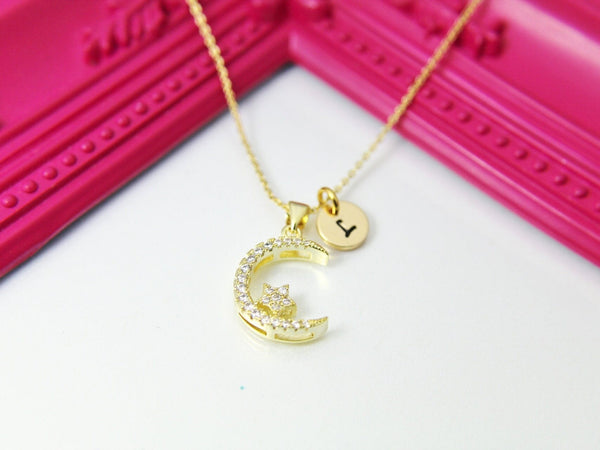 Moon and Star Necklace, Gold Moon and Star, CZ Diamond Jewelry, Mothers Day Gift, Dainty Necklace, Delicate Minimal, Personalized Gift, G014