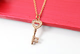 Rose Gold Heart Key Necklace, Rose Gold Key Necklace, Rose Gold Heart Necklace, CZ Diamond Jewelry, Dainty Delicate Necklace, RG049