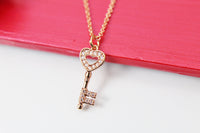 Rose Gold Heart Key Necklace, Rose Gold Key Necklace, Rose Gold Heart Necklace, CZ Diamond Jewelry, Dainty Delicate Necklace, RG049