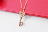 Rose Gold Heart Key Necklace, Rose Gold Key Necklace, Rose Gold Heart Necklace, CZ Diamond Jewelry, Dainty Delicate Necklace, RG049