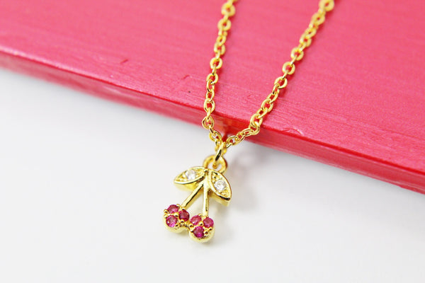 Cherry Necklace, Gold Cherry Necklace, Tiny Pink Cherry Charm, Mothers Day Gift, Dainty Necklace, Delicate, Minimal Jewelry, G001