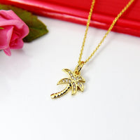 Gold Palm Tree Necklace, Coconut Tree Charm, Beach Jewelry, CZ Diamond Jewelry, N2581