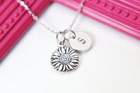 Silver Sunflower Charm Necklace, Flower Sunflower Jewelry, Stainless Steel Necklace Chain, Personalized Initial Monogram Gifts, N1535