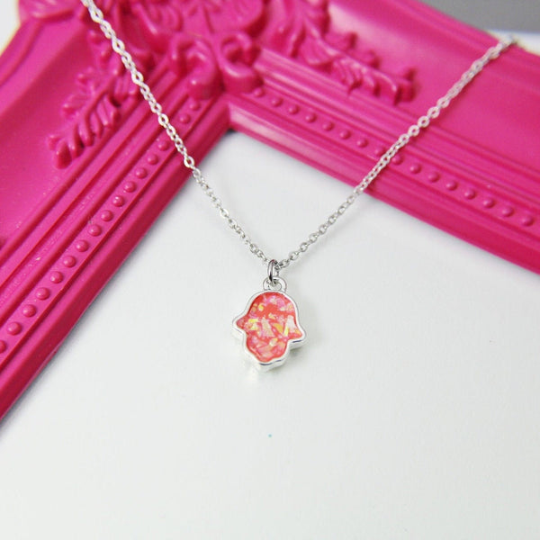 Silver Hamsa Charm Necklace, Red Imitation Opal Charm, Sister Gift, N1559