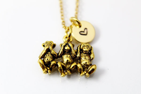 Three Wise Monkeys Necklace, Gold Three Monkeys Charm, Three Monkeys Jewelry, No Evil Wise Monkey, Personalized Gift, Christmas Gift, N479