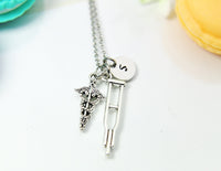 Silver Orthopedic Medical Crutches Caduceus Charm Necklace, Best Birthday Christmas Unique Gifts for Medical School Doctor Orthopedic, N1997