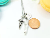 Silver Orthopedic Medical Crutches Caduceus Charm Necklace, Best Birthday Christmas Unique Gifts for Medical School Doctor Orthopedic, N1997