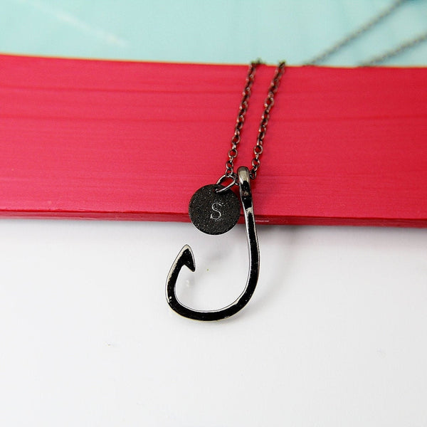 Black Fish Hook Charm Necklace, Men Personalized Fish Hook Necklace, Fishing Gifts for Him, Fishing Jewelry, Christian Jewelry, N2030