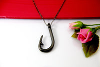 Black Fish Hook Charm Necklace, Men Jewelry, Fish Hook Necklace, Fishing Gifts for Him,  Christian Jewelry, N2032