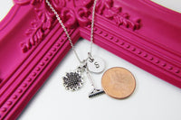 Gardening Tools Rake Daisy Sunflower Charm Necklace, N1896