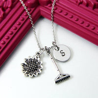 Gardening Tools Rake Daisy Sunflower Charm Necklace, N1896