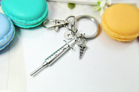 Silver Medical Syringe Caduceus Charm Keychain, Best Birthday Christmas Unique Gifts for Medical School Gift Phlebotomy Phlebotomist, N1976