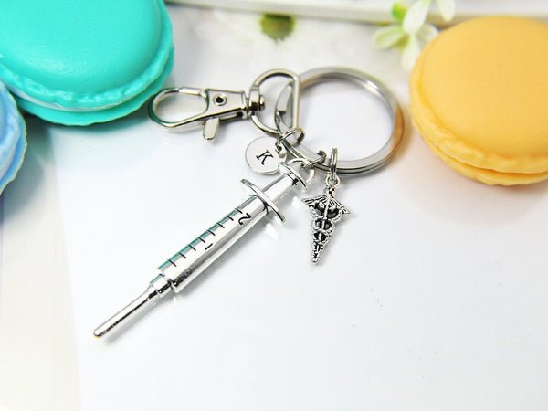 Silver Medical Syringe Caduceus Charm Keychain, Best Birthday Christmas Unique Gifts for Medical School Gift Phlebotomy Phlebotomist, N1976