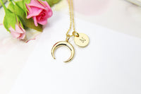 Gold Crescent Moon Charm Necklace, 18K Gold Plated, Initial or Zodiac Constellations Hand Stamped Option, Personalized Gift, N2166