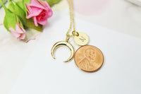 Gold Crescent Moon Charm Necklace, 18K Gold Plated, Initial or Zodiac Constellations Hand Stamped Option, Personalized Gift, N2166
