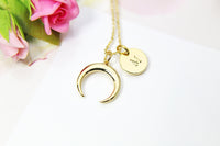Gold Crescent Moon Charm Necklace, 18K Gold Plated, Initial or Zodiac Constellations Hand Stamped Option, Personalized Gift, N2166