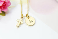 Gold Cross Charm Necklace, 18K Gold Plate Cross Charm, Stamp Initial or Zodiac Constellations, Personalized Gift, N2173