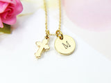 Gold Cross Charm Necklace, 18K Gold Plate Cross Charm, Stamp Initial or Zodiac Constellations, Personalized Gift, N2173