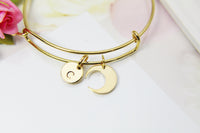 Gold Crescent Moon Charm Bracelet, 18K Gold Plated Crescent Moon Charm, Stainless Steel Bracelet, Initial or Zodiac Constellations, N2174