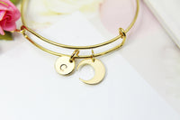 Gold Crescent Moon Charm Bracelet, 18K Gold Plated Crescent Moon Charm, Stainless Steel Bracelet, Initial or Zodiac Constellations, N2174