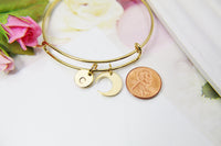 Gold Crescent Moon Charm Bracelet, 18K Gold Plated Crescent Moon Charm, Stainless Steel Bracelet, Initial or Zodiac Constellations, N2174