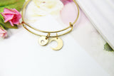 Gold Crescent Moon Charm Bracelet, 18K Gold Plated Crescent Moon Charm, Stainless Steel Bracelet, Initial or Zodiac Constellations, N2174
