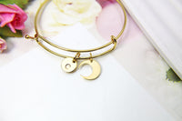 Gold Crescent Moon Charm Bracelet, 18K Gold Plated Crescent Moon Charm, Stainless Steel Bracelet, Initial or Zodiac Constellations, N2174
