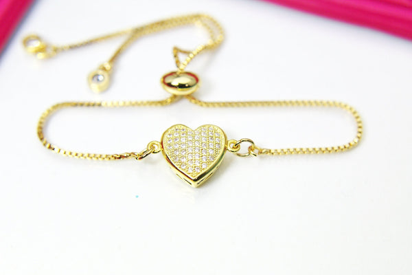 Gold Heart Bracelet, Micro Pave AAA Cubic Zirconia Heart Jewelry, G260