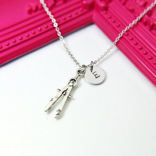 Silver Architect Compass Charm Necklace, Stainless Steel Chain Necklace, Personalized Jewelry, N2265