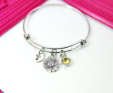 Silver Sunflower Cross Charm Bracelet, Stainless Steel Bracelet, Birthstone Jewelry, Flower Girl Jewelry, N2270