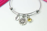 Silver Sunflower Cross Charm Bracelet, Stainless Steel Bracelet, Birthstone Jewelry, Flower Girl Jewelry, N2270