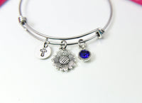 Silver Cross Sunflower Charm Bracelet, Stainless Steel Bracelet, Birthstone Jewelry, Flower Girl Jewelry, N2274