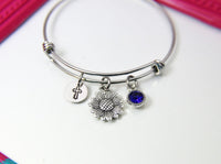 Silver Cross Sunflower Charm Bracelet, Stainless Steel Bracelet, Birthstone Jewelry, Flower Girl Jewelry, N2274