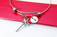 Thai Sterling Silver Plated Magic Wand Charm Bracelet, Stainless Steel Bangle Wand Charm, Personalized Initial Bracelet Gift, N2157