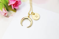Gold Crescent Moon Charm Necklace, 18K Gold Plated, Initial or Zodiac Constellations Hand Stamped Option, Personalized Gift, N2166